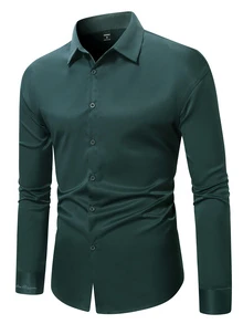 Manfinity Mode Men's Solid Color Long Sleeve Shirt With Embroidered Cuffs, For Fall, Formal - Dark Green - View 4