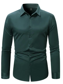 Manfinity Mode Men's Solid Color Long Sleeve Shirt With Embroidered Cuffs, For Fall, Formal - Dark Green - View 3