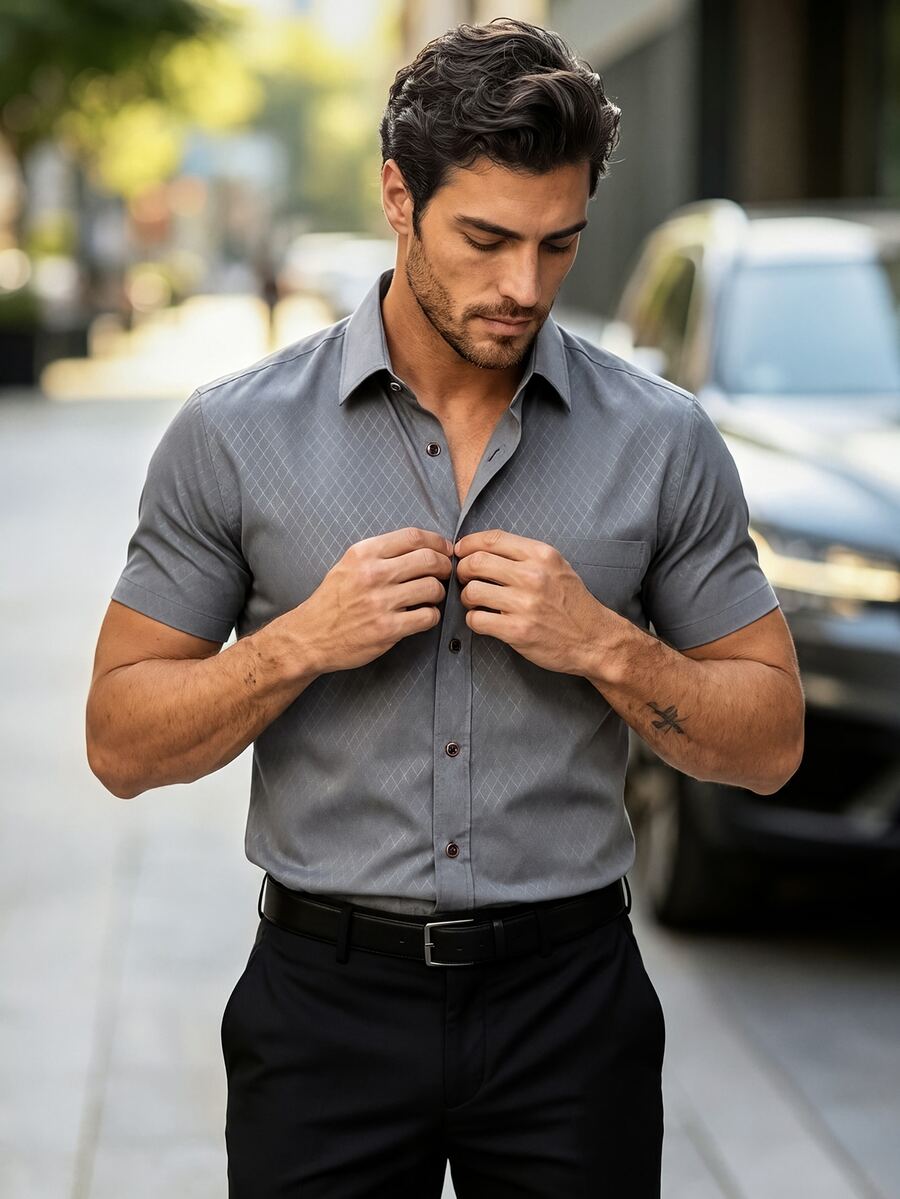 Manfinity Mode Men's Casual Diamond Patterned Short Sleeve Formal Shirt, Summer Men Short Sleeve Dress Shirts, Ceremony - Dark Grey - View 1