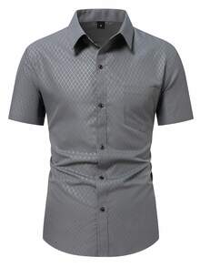 Manfinity Mode Men's Casual Diamond Patterned Short Sleeve Formal Shirt, Summer Men Short Sleeve Dress Shirts, Ceremony - Dark Grey - View 3