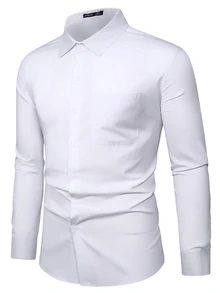 Calvornis Men Pocket Patched Button Up Shirt, For Fall, Long Sleeve Top, Formal, Old Money - White - View 3