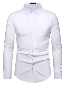 Calvornis Men Pocket Patched Button Up Shirt, For Fall, Long Sleeve Top, Formal, Old Money - White - View 4