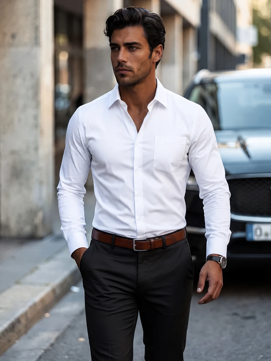 Calvornis Men Pocket Patched Button Up Shirt, For Fall, Long Sleeve Top, Formal, Old Money - White - View 1
