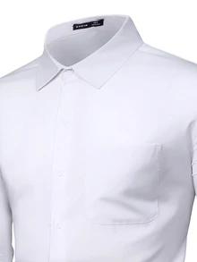 Calvornis Men Pocket Patched Button Up Shirt, For Fall, Long Sleeve Top, Formal, Old Money - White - View 6