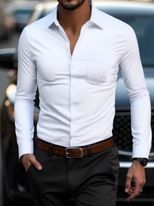 Calvornis Men Pocket Patched Button Up Shirt, For Fall, Long Sleeve Top, Formal, Old Money - White - View 2