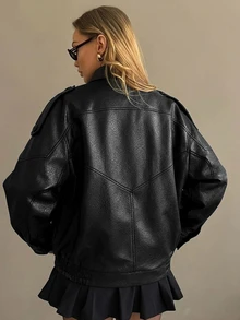 DAZY Solid Color Faux PU Leather Motorcycle Style Stand Collar Loose Fit Personalized Vintage Casual Jacket Winter - Black - View 4