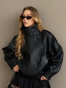 DAZY Solid Color Faux PU Leather Motorcycle Style Stand Collar Loose Fit Personalized Vintage Casual Jacket Winter - Black - View 2