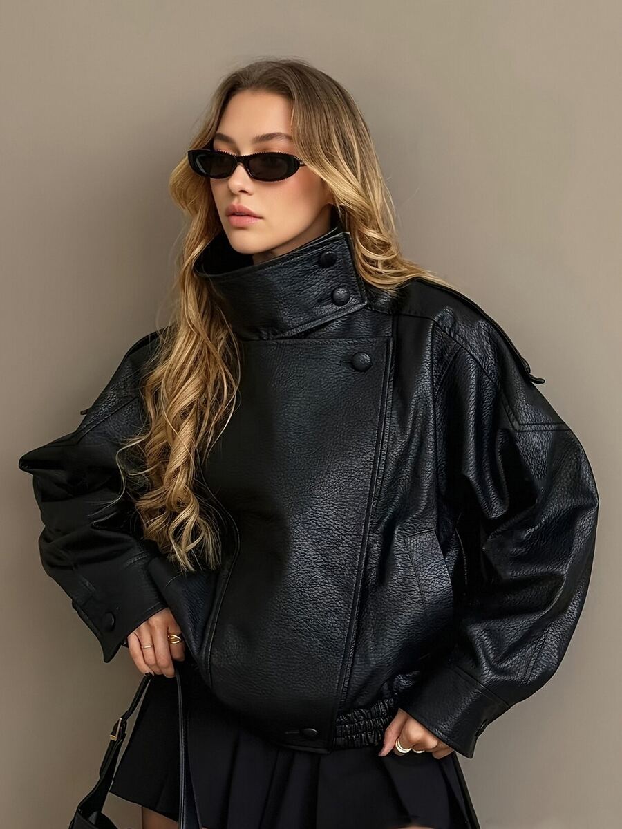 DAZY Solid Color Faux PU Leather Motorcycle Style Stand Collar Loose Fit Personalized Vintage Casual Jacket Winter - Black - View 1