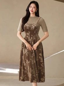 Wynsel Elegant Waist-Flattering A-Line Midi Dress For Women - Brown - View 4