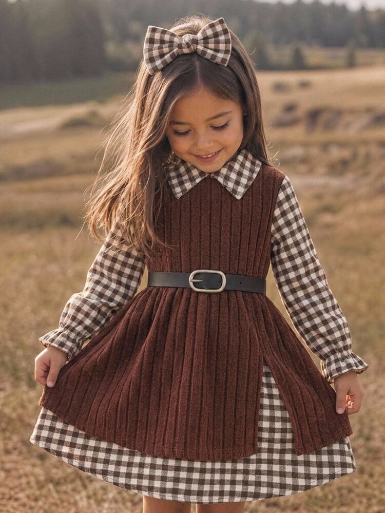 SHEIN Young Girl Plaid 2 In 1 Patchwork Casual Summer Dress - Multicolor - View 1