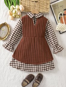 SHEIN 女童格紋拼接 2 合 1 休閒夏季洋裝 - 彩色 - 查看 6