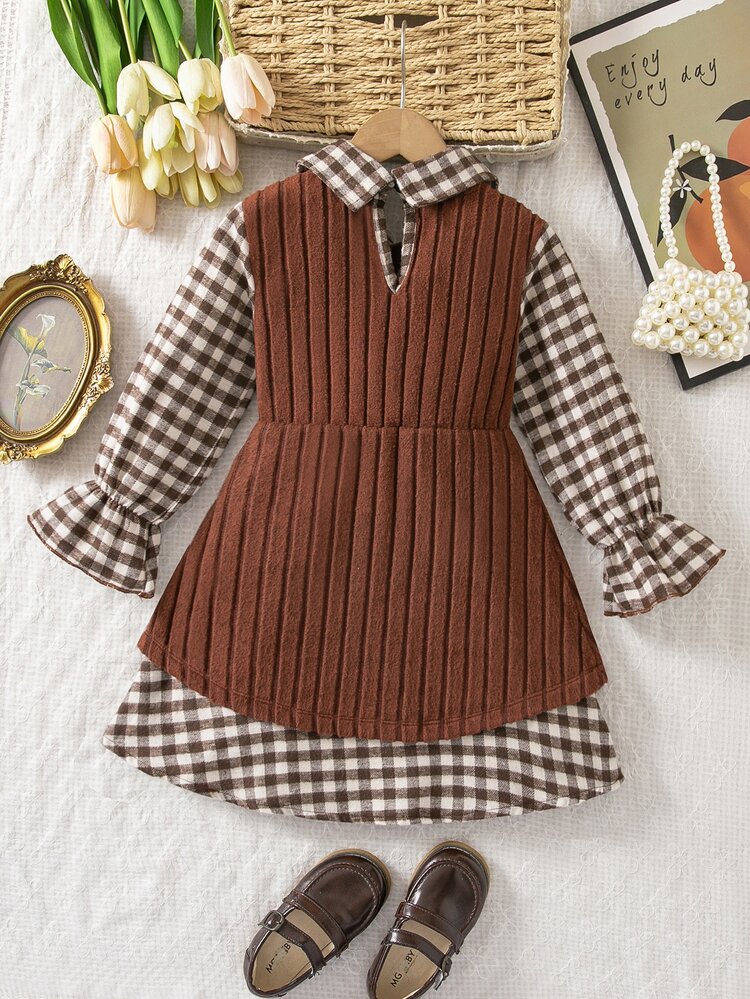 SHEIN Young Girl Plaid 2 In 1 Patchwork Casual Summer Dress - Multicolor - View 6