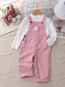Girls Spring/Autumn Set, White Long Sleeve Base Layer + Pink Corduroy Overalls, Gentle And Fashionable, Front Pocket Decorated With 3D Rabbit Plush, Adorable And Cute, Full Of Childhood Charm, Suitable For Daily Wear, Home And Outings - Multicolor - View 5