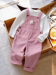Girls Spring/Autumn Set, White Long Sleeve Base Layer + Pink Corduroy Overalls, Gentle And Fashionable, Front Pocket Decorated With 3D Rabbit Plush, Adorable And Cute, Full Of Childhood Charm, Suitable For Daily Wear, Home And Outings - Multicolor - View 3