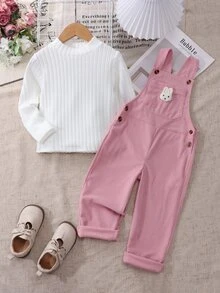 Girls Spring/Autumn Set, White Long Sleeve Base Layer + Pink Corduroy Overalls, Gentle And Fashionable, Front Pocket Decorated With 3D Rabbit Plush, Adorable And Cute, Full Of Childhood Charm, Suitable For Daily Wear, Home And Outings - Multicolor - View 4