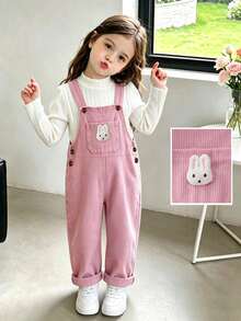 Girls Spring/Autumn Set, White Long Sleeve Base Layer + Pink Corduroy Overalls, Gentle And Fashionable, Front Pocket Decorated With 3D Rabbit Plush, Adorable And Cute, Full Of Childhood Charm, Suitable For Daily Wear, Home And Outings - Multicolor - View 1