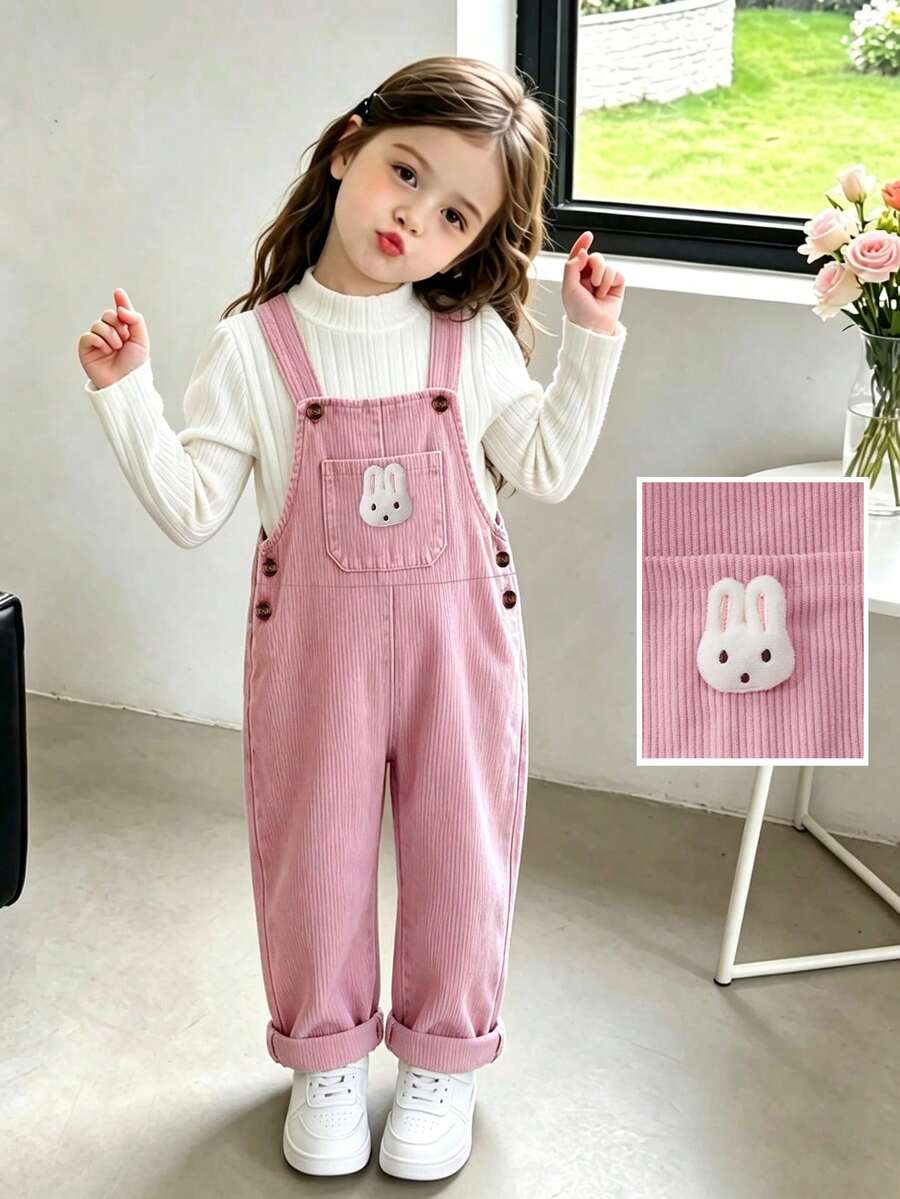 Girls Spring/Autumn Set, White Long Sleeve Base Layer + Pink Corduroy Overalls, Gentle And Fashionable, Front Pocket Decorated With 3D Rabbit Plush, Adorable And Cute, Full Of Childhood Charm, Suitable For Daily Wear, Home And Outings - Multicolor - View 1