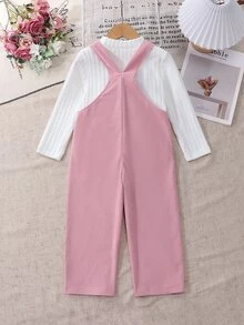 Girls Spring/Autumn Set, White Long Sleeve Base Layer + Pink Corduroy Overalls, Gentle And Fashionable, Front Pocket Decorated With 3D Rabbit Plush, Adorable And Cute, Full Of Childhood Charm, Suitable For Daily Wear, Home And Outings - Multicolor - View 2