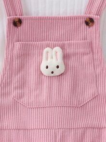Girls Spring/Autumn Set, White Long Sleeve Base Layer + Pink Corduroy Overalls, Gentle And Fashionable, Front Pocket Decorated With 3D Rabbit Plush, Adorable And Cute, Full Of Childhood Charm, Suitable For Daily Wear, Home And Outings - Multicolor - View 8