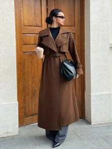 Sweetra 2026 Fall New Style Women's Tweed Coat With Belt, Buttoned Collar, Elegant For Business Dinner Office, Evening Out, Festive Wear, Shades Of Brown - Brown - View 6