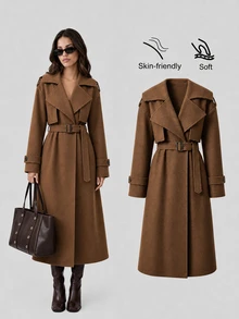 Sweetra 2026 Fall New Style Women's Tweed Coat With Belt, Buttoned Collar, Elegant For Business Dinner Office, Evening Out, Festive Wear, Shades Of Brown - Brown - View 9
