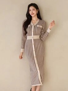 Wynsel 女款千鳥格休閒日常夏季針織洋裝 - 棕色 - 查看 3