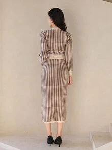 Wynsel 女款千鳥格休閒日常夏季針織洋裝 - 棕色 - 查看 6