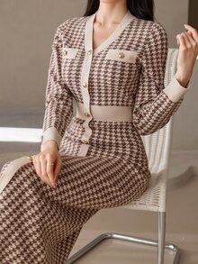 Wynsel 女款千鳥格休閒日常夏季針織洋裝 - 棕色 - 查看 5