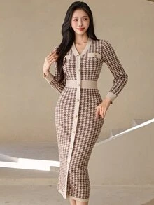 Wynsel 女款千鳥格休閒日常夏季針織洋裝 - 棕色 - 查看 2
