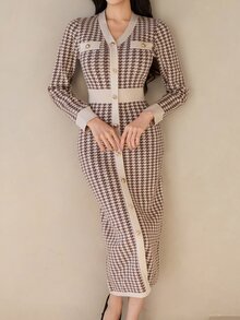 Wynsel 女款千鳥格休閒日常夏季針織洋裝 - 棕色 - 查看 4