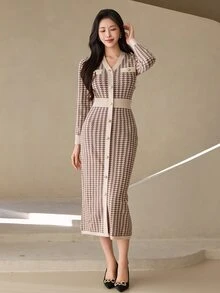 Wynsel 女款千鳥格休閒日常夏季針織洋裝 - 棕色 - 查看 7