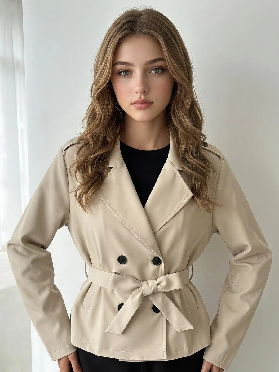 SHEIN Sparklyn ملابس خريفية للفتيات المراهقات، جاكيت بني متعدد الاستخدامات كاجوال بأزرار وأكمام طويلة للخروجات في عطلة نهاية الأسبوع، خريف، لون موحد، تصميم بسيط، ملابس الشارع، قصير، خريف