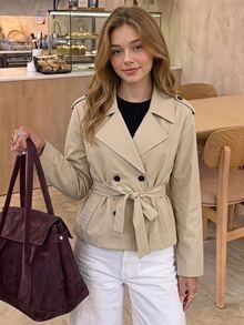 SHEIN Sparklyn ملابس خريفية للفتيات المراهقات، جاكيت بني متعدد الاستخدامات كاجوال بأزرار وأكمام طويلة للخروجات في عطلة نهاية الأسبوع، خريف، لون موحد، تصميم بسيط، ملابس الشارع، قصير، خريف - كاكي - مشاهدة 3