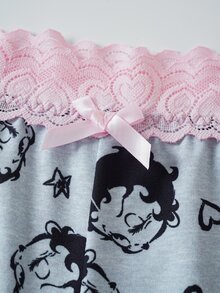 Betty Boop x SHEIN Women's Cartoon Print Lace Patchwork 3D Bow Decor Hipster Shorts - Grey - View 7