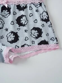 Betty Boop x SHEIN Women's Cartoon Print Lace Patchwork 3D Bow Decor Hipster Shorts - Grey - View 9