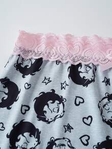 Betty Boop x SHEIN Women's Cartoon Print Lace Patchwork 3D Bow Decor Hipster Shorts - Grey - View 8
