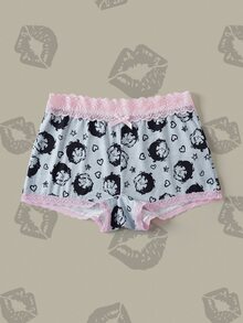 Betty Boop x SHEIN Women's Cartoon Print Lace Patchwork 3D Bow Decor Hipster Shorts - Grey - View 11