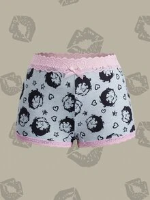 Betty Boop x SHEIN Women's Cartoon Print Lace Patchwork 3D Bow Decor Hipster Shorts - Grey - View 3