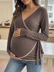 Dazy Maternity Contrast Lace Trim Fitted Asymmetrical Tie-Front Long Sleeve V-Neck Casual Vacation Everyday Spring/Autumn Maternity T-Shirt - Khaki - View 1