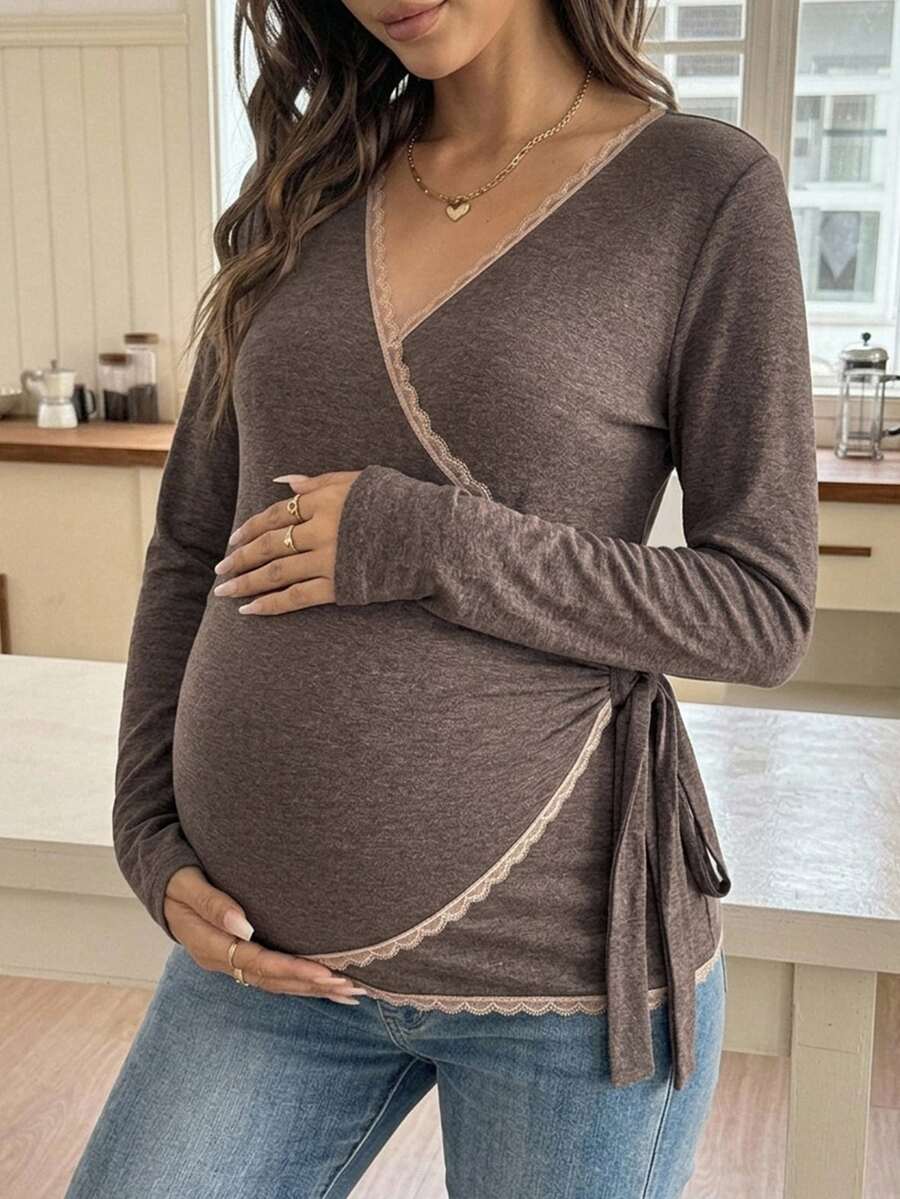 Dazy Maternity Contrast Lace Trim Fitted Asymmetrical Tie-Front Long Sleeve V-Neck Casual Vacation Everyday Spring/Autumn Maternity T-Shirt - Khaki - View 1