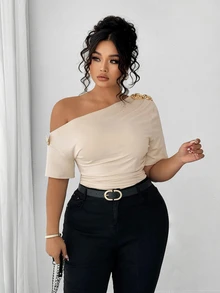Elenzga Plus Size Women Elegant Personalized Fashion Casual Versatile One-Shoulder Top Suitable For Daily Wear - Apricot - View 7