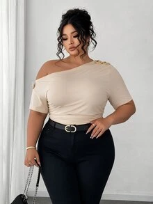 Elenzga Plus Size Women Elegant Personalized Fashion Casual Versatile One-Shoulder Top Suitable For Daily Wear - Apricot - View 6