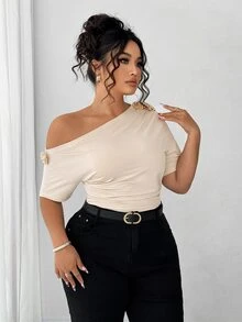 Elenzga Plus Size Women Elegant Personalized Fashion Casual Versatile One-Shoulder Top Suitable For Daily Wear - Apricot - View 5