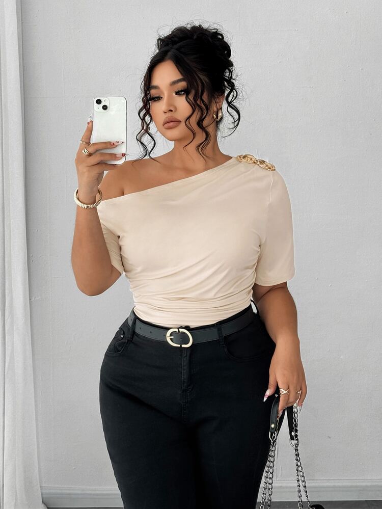 Plus Size Women Elegant Personalized Fashion Casual Versatile One-Shoulder Top Suitable For Daily Wear - Apricot - View 8