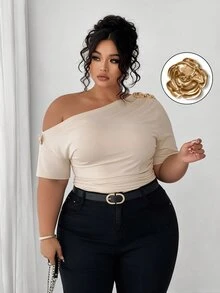 Elenzga Plus Size Women Elegant Personalized Fashion Casual Versatile One-Shoulder Top Suitable For Daily Wear - Apricot - View 1