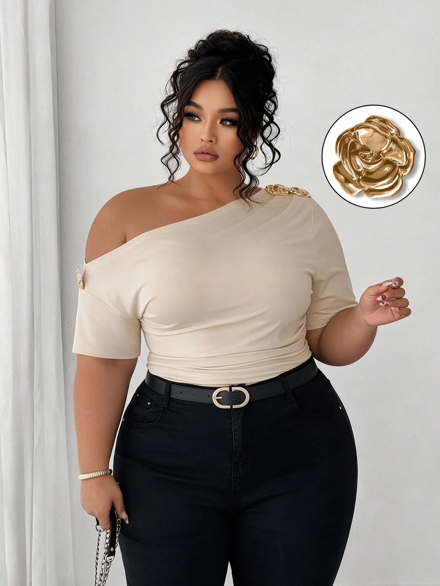 Elenzga Plus Size Women Elegant Personalized Fashion Casual Versatile One-Shoulder Top Suitable For Daily Wear - Apricot - View 1