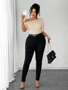 Elenzga Plus Size Women Elegant Personalized Fashion Casual Versatile One-Shoulder Top Suitable For Daily Wear - Apricot - View 3