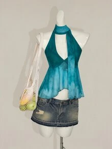 SHEIN ICON Y2k 夏季 V 领西部风外出波西米亚海滩嬉皮度假夏威夷娃娃衫飘逸波西米亚蓝绿色渐变吊带印花背心 - 彩色 - 查看 11