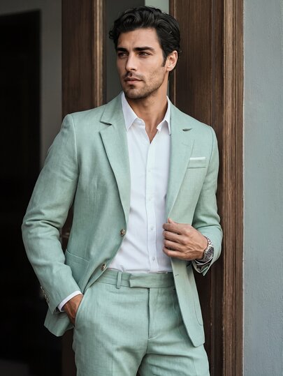 Manfinity Mode Men's Mint Green 2 Pieces Linen Suit,Elegant Summer Business Casual Outfit,Wedding Guest Formal Old Money Style,Gift For Boyfriend Husband,Ceremony