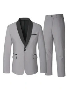 Manfinity Mode Men's Classic Contrast Gray Shawl Collar Single-Breasted Design, Casual Mature Home Fashion Suit Set, Formal, Old Money - Grey - View 4
